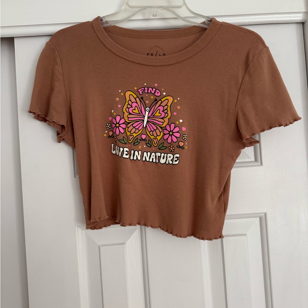 Brown Graphic Tee with Butterfly Design